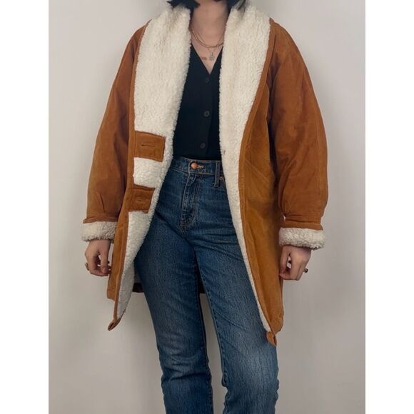 Vintage Suede Brown Genuine Leather Sherpa Coat - Picture 1 of 8